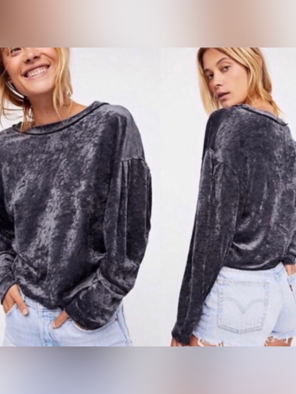 We The Free Charcoal Crushed Velvet Long-Sleeve Top